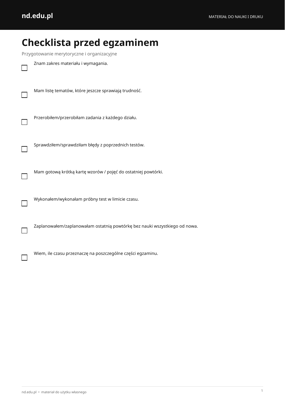 Podgląd: Checklista przed egzaminem